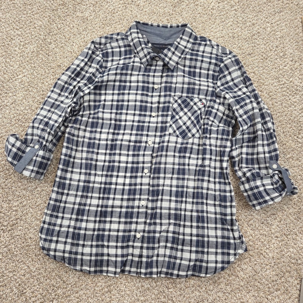 Tommy Hilfiger Womens M Lightweight Roll-Tab Navy Blue White Plaid Shirt NWT